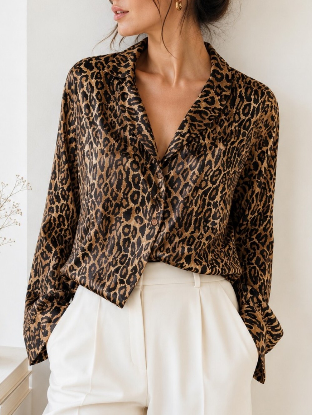 Vintage Y2K Leopard Satin Button Up Blouse Small Quiet Luxury Grunge Oversized